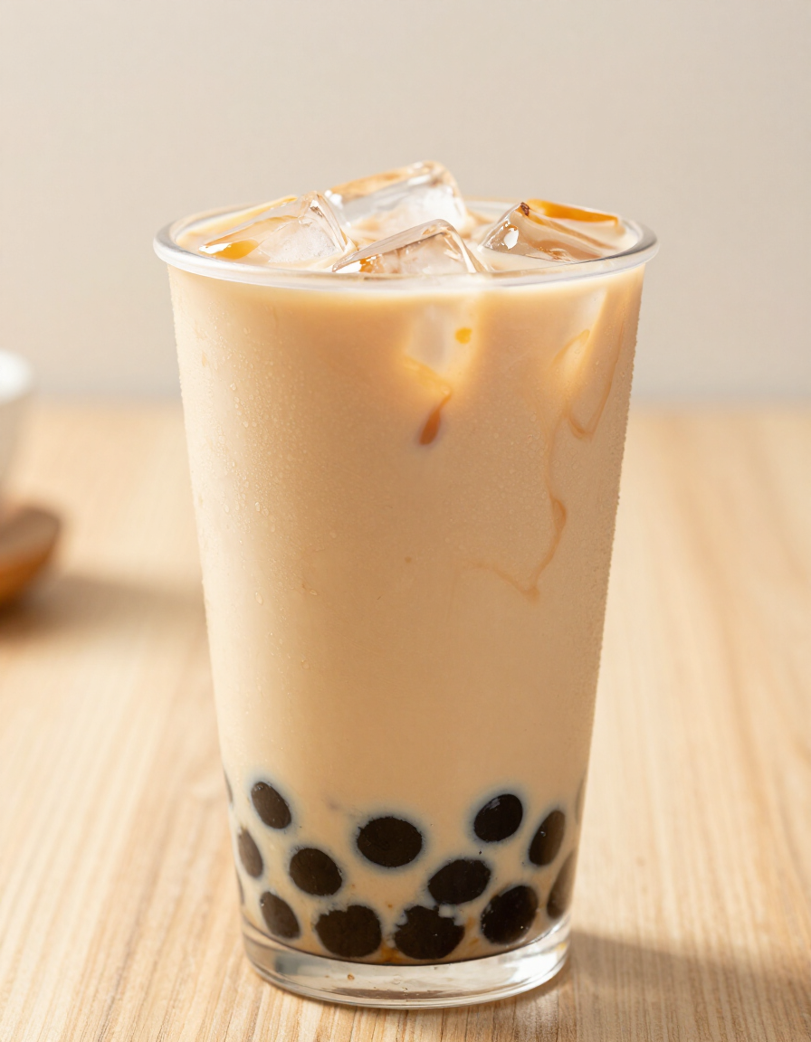 Butter Pecan iced coffee boba drink with tapioca pearls