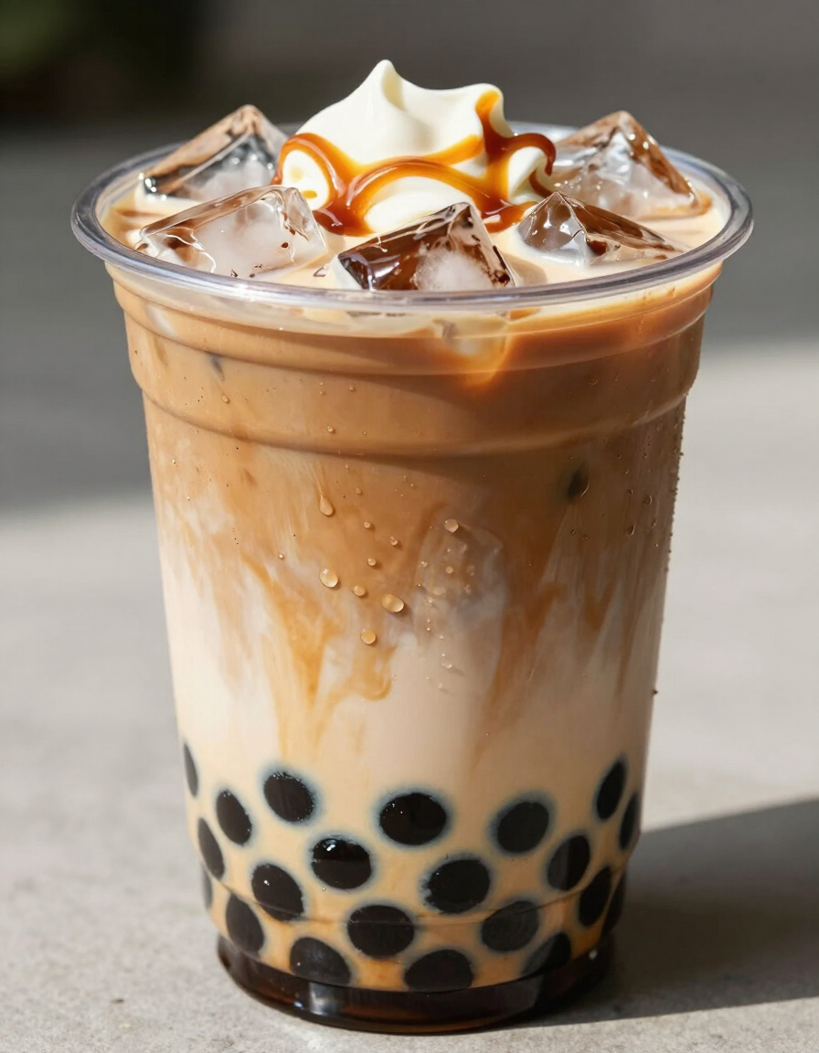 Caramel Macchiato iced coffee boba drink with tapioca pearls