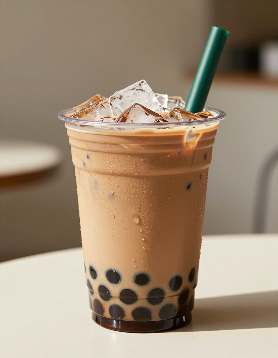 Mocha Latte iced coffee boba drink with tapioca pearls