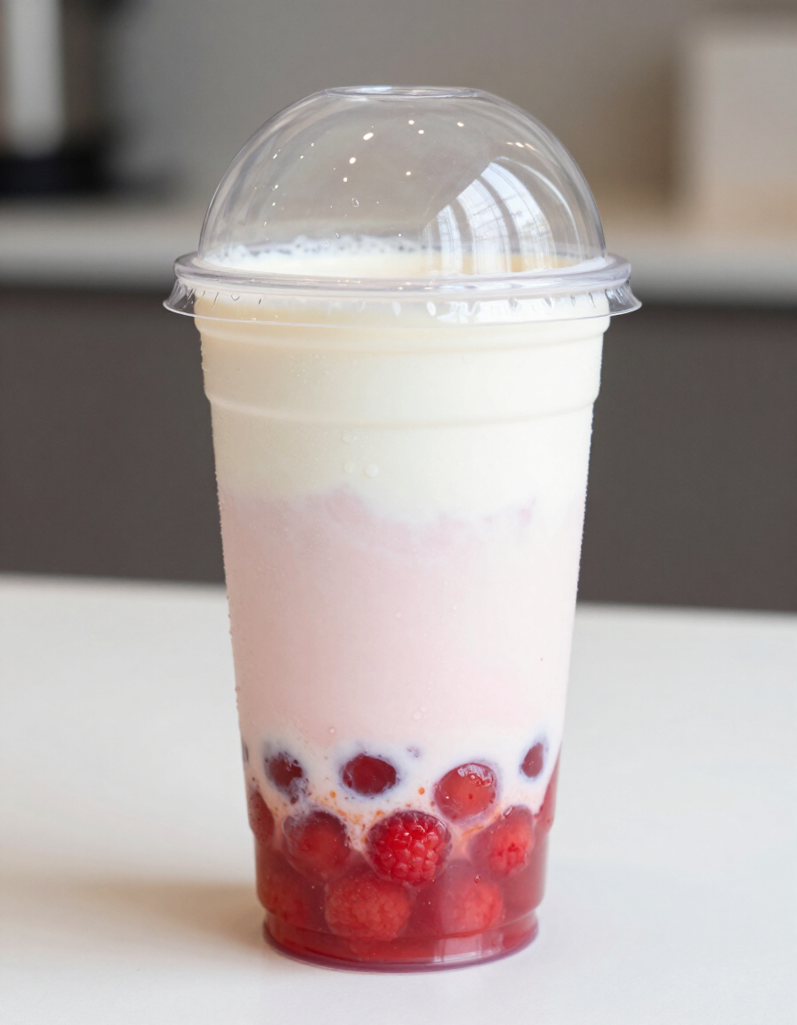 Raspberry Vanilla boba drink with strawberry popping boba