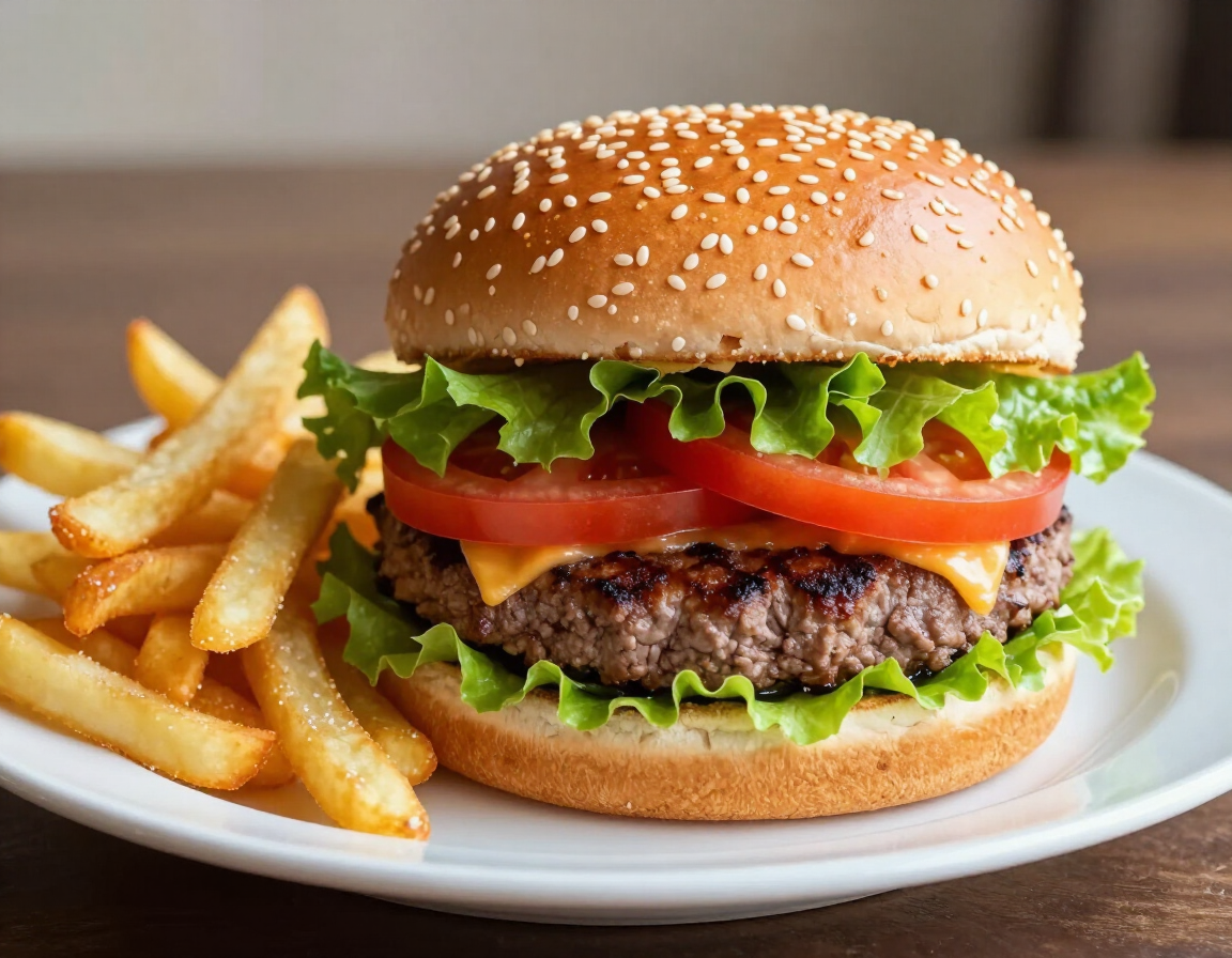 Hamburger served with fries