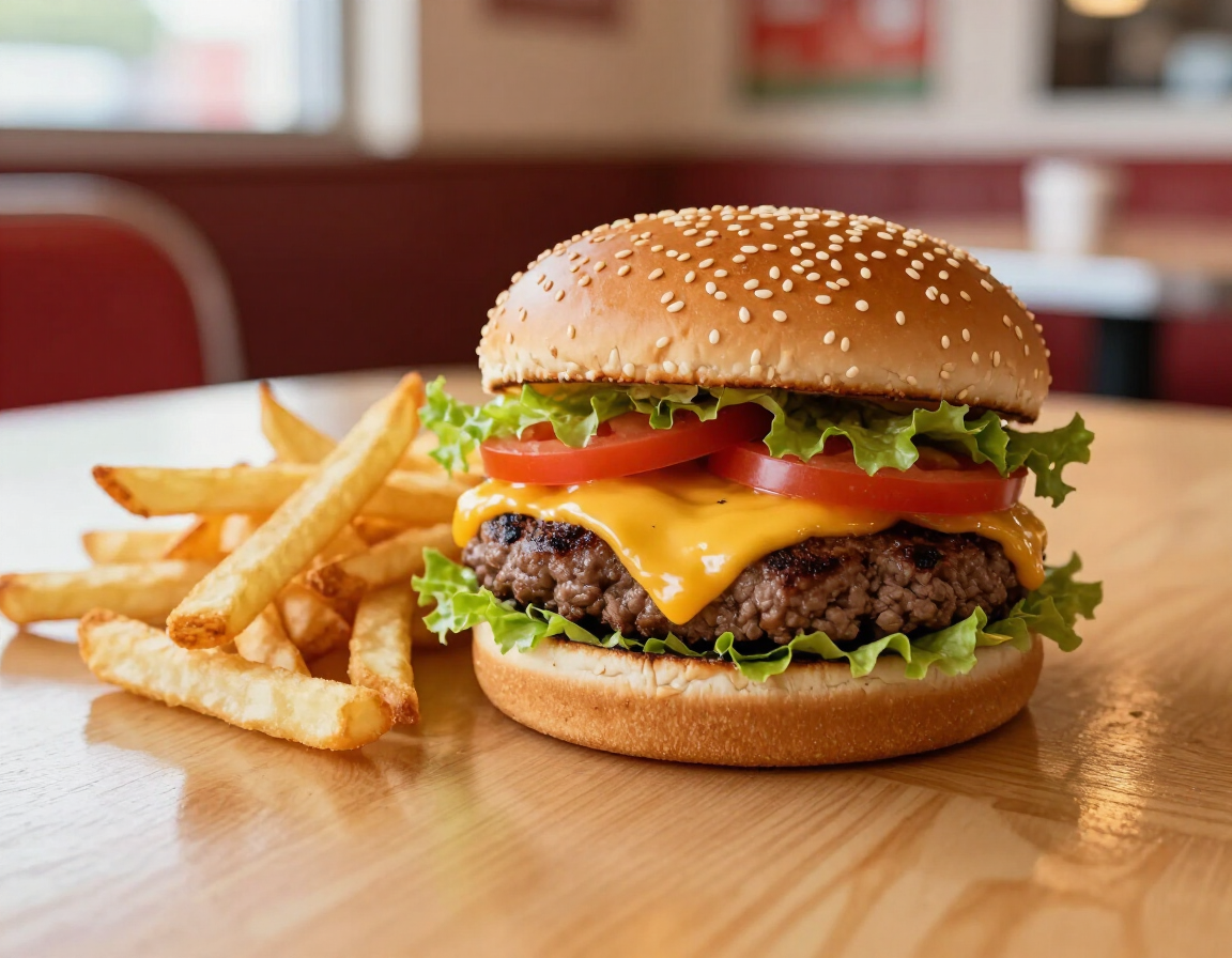 Cheeseburger with melted cheese and fries