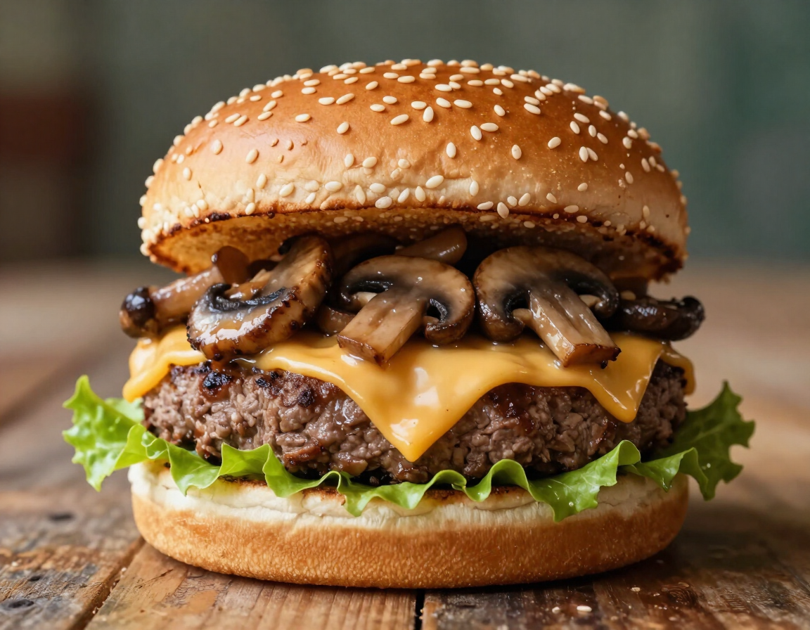 Mushroom Swiss burger with sauteed mushrooms and Swiss cheese