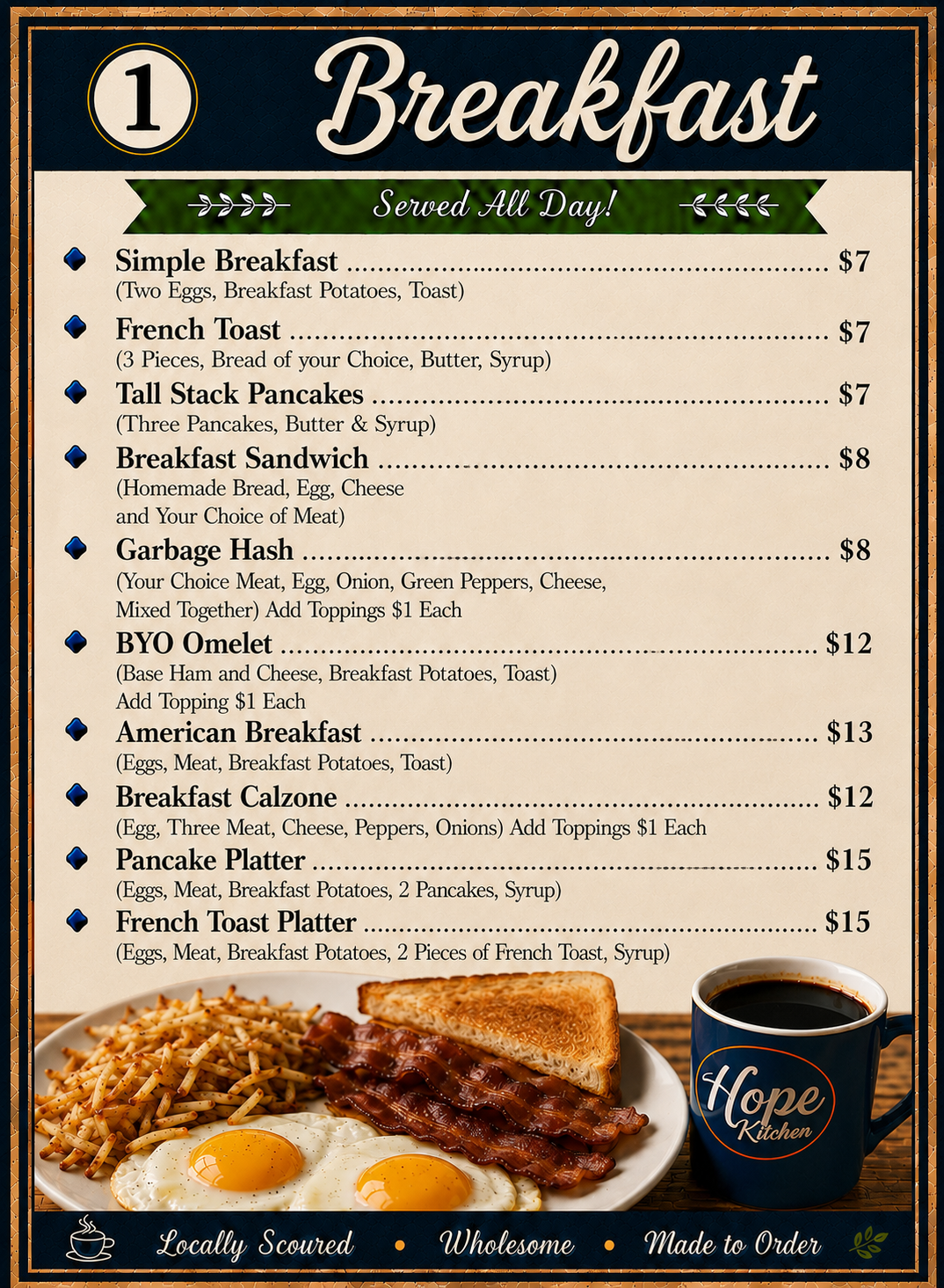 Breakfast menu with a coffee mug, eggs, toast, and pancakes on a dark background