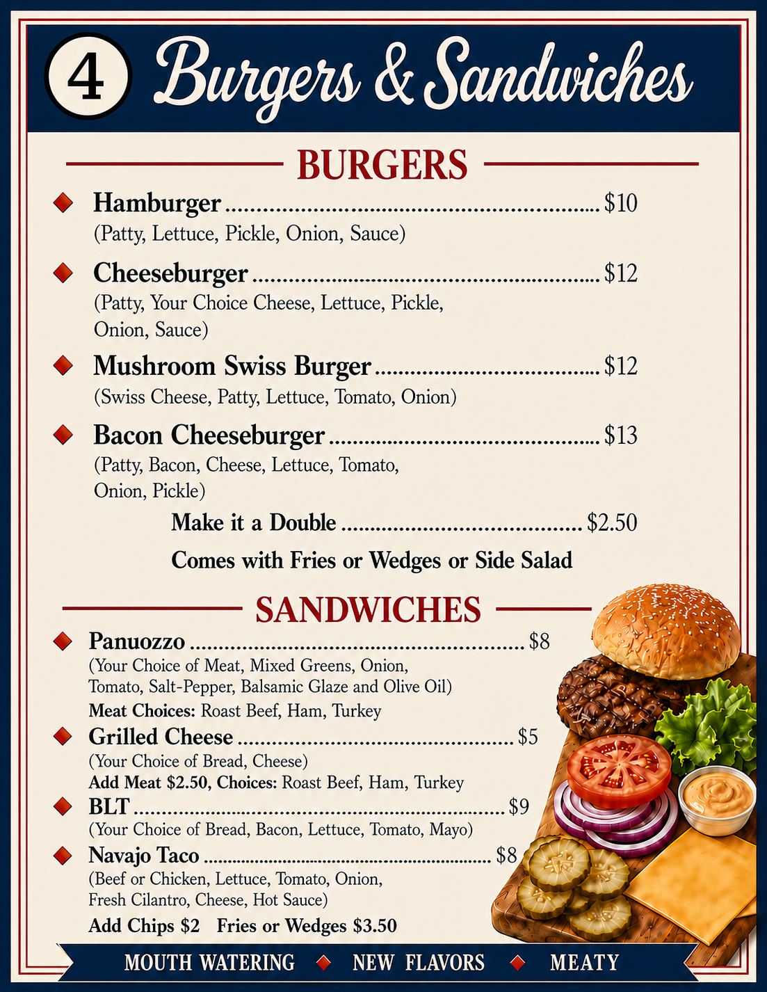Burger and sandwich menu with prices, including cheeseburgers, chicken, and a stacked burger photo on the right