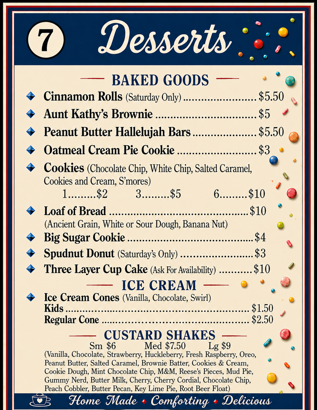 Desserts menu board with baked goods, ice cream, and custard shakes on a blue background