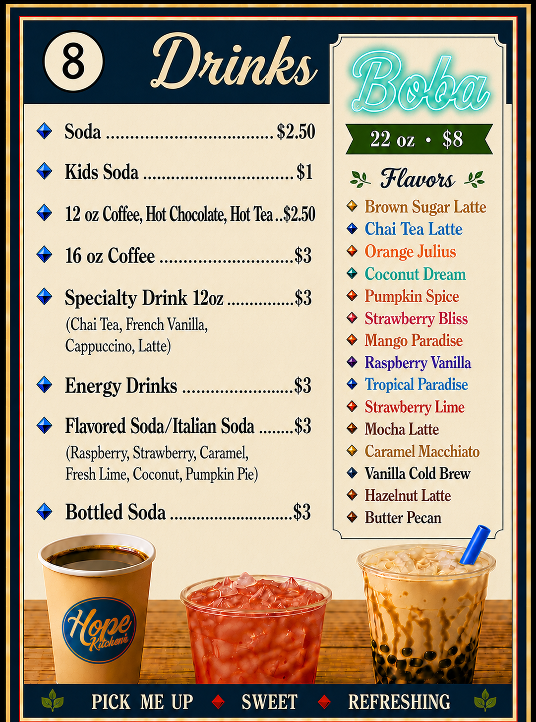 Drinks menu board with beverage list and prices, teal and tan design, with drink photos at the bottom