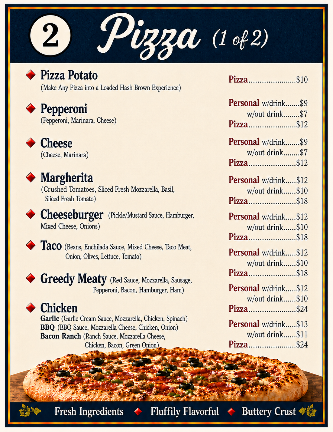 Pizza menu board with listed pizza types and prices on a dark blue background