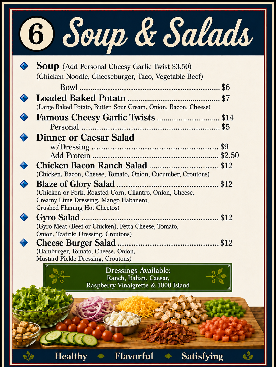 Soups & salads menu page with item list, prices, and a salad photo at the bottom