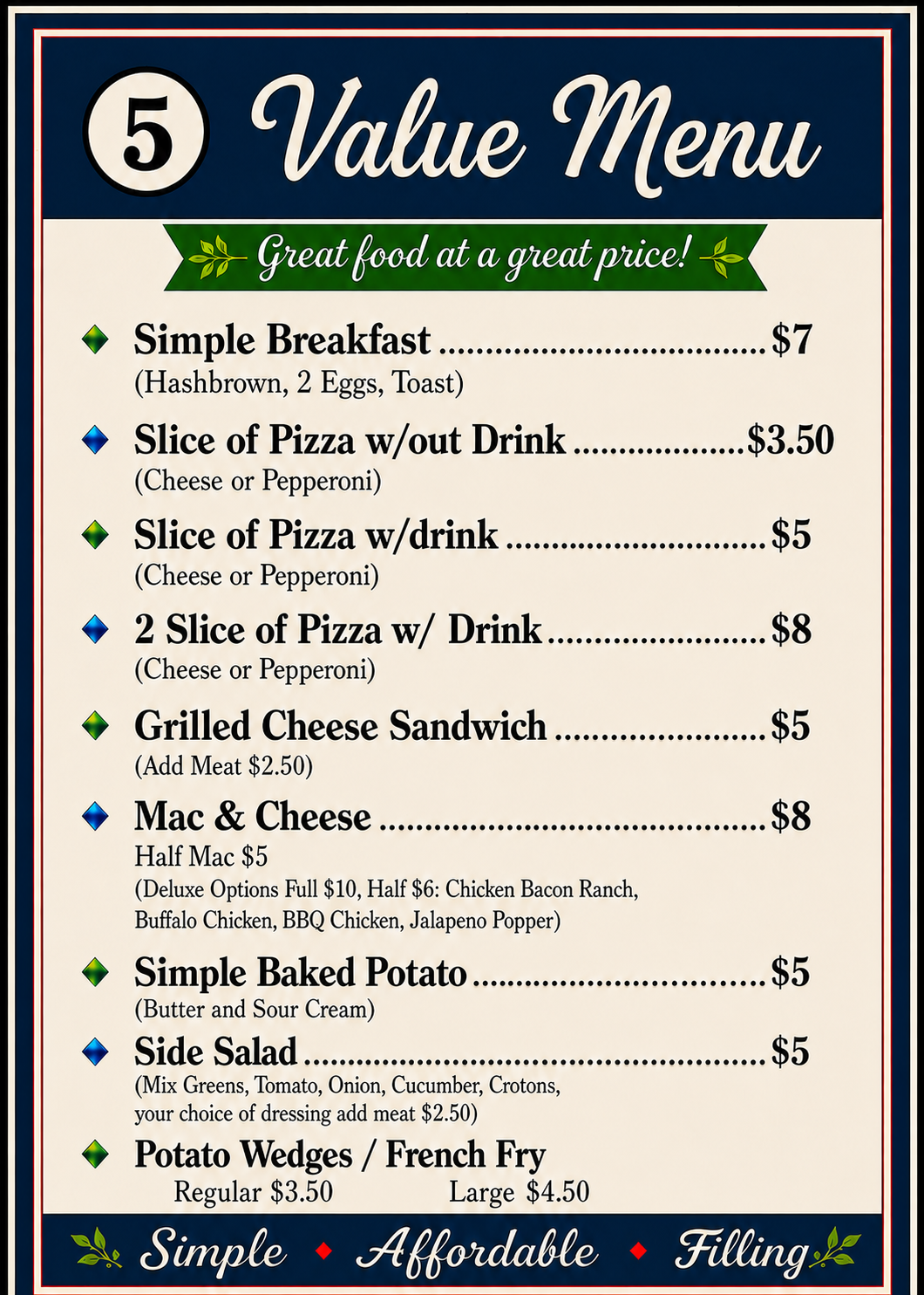 Blue-and-cream restaurant value menu listing breakfast, pizza, sandwiches, mac and cheese, and salads