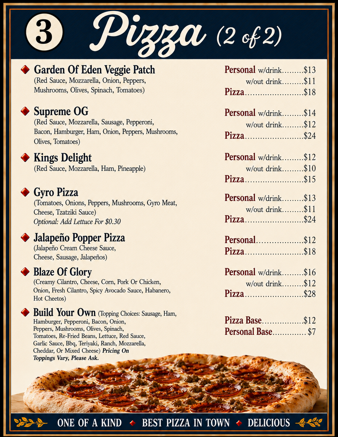 Pizza menu page with white text on dark background, listing specialty pizzas and prices.