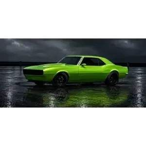 Bright green classic muscle car on a wet road at night, reflected in the pavement
