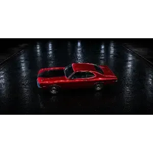 Red vintage sports car on a glossy dark floor with reflections and spotlights