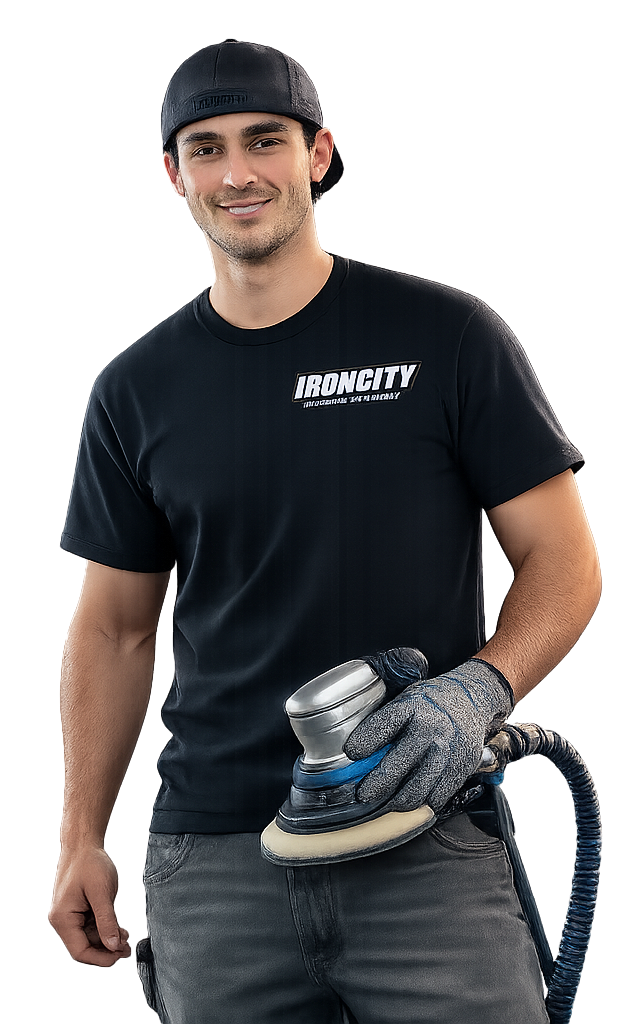 Man wearing black shirt and cap holding a floor sander with hose attached