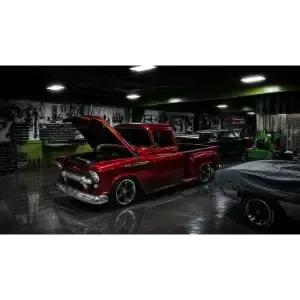 Red classic pickup truck with hood open in a dim garage, glossy floor and another car partially visible nearby