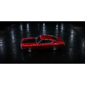 Red vintage sports car on a glossy dark floor with reflections and spotlights
