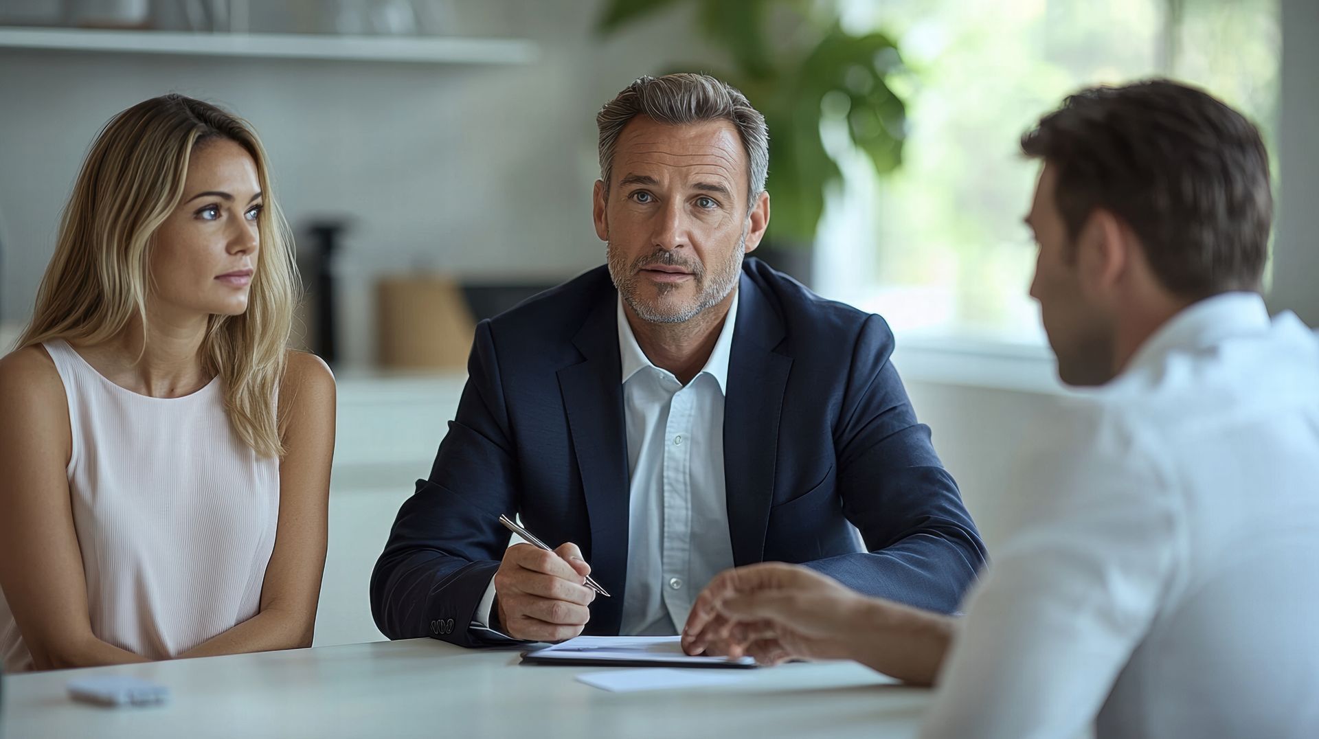 Professional divorce attorney providing legal guidance to a couple during a settlement meeting. Professional divorce attorney providing legal guidance to a couple during a settlement meeting.