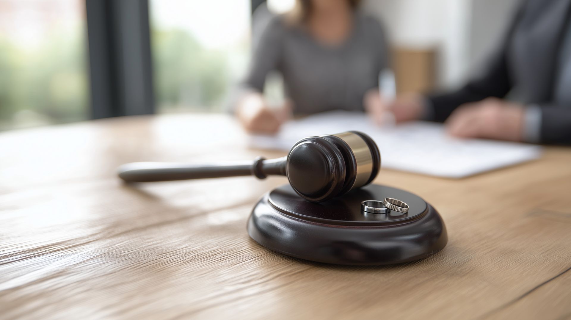 Judge's gavel and two wedding rings resting on a wooden table.