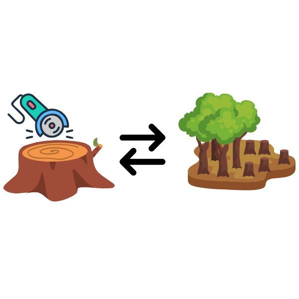 A stump is being ground with a grinder being compared to a small forest where half of the trees are cut down and half are standing.  Two small icons being compared in one picture.
