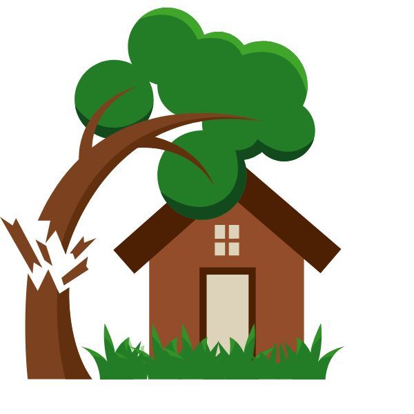 A cartoon illustration of a house with a tree falling onto it.