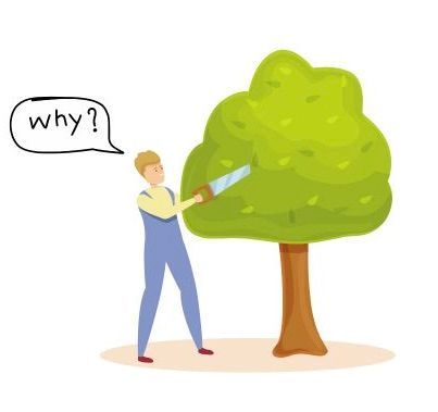 An icon of a woman trimming a tree with a saw.