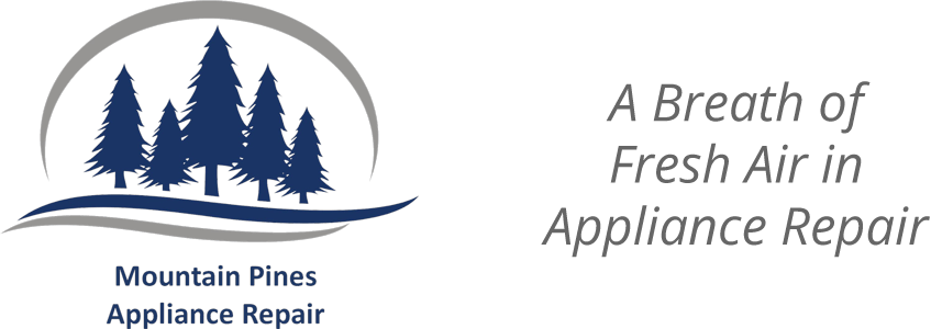 Mountain Pines Appliance Repair logo with blue pine trees and gray text: “A Breath of Fresh Air in Appliance Repair”