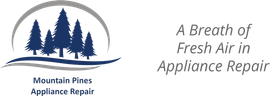 Mountain Pines Appliance Repair logo with blue pine trees and gray text: “A Breath of Fresh Air in Appliance Repair”