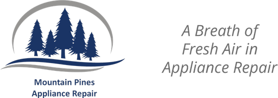 Mountain Pines Appliance Repair logo with blue pine trees and gray text: “A Breath of Fresh Air in Appliance Repair”