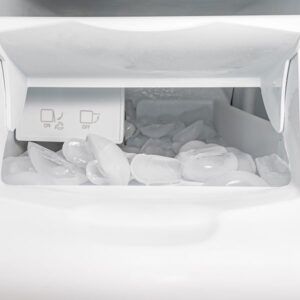 Freezer drawer filled with ice cubes, with a control panel on the left.