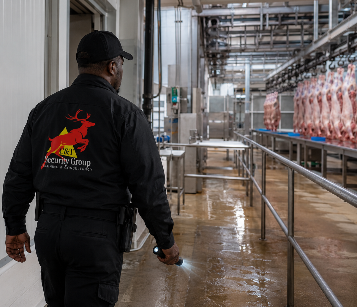 C&T Security Group security officer managing access control, patrols and operational security at a food production facility