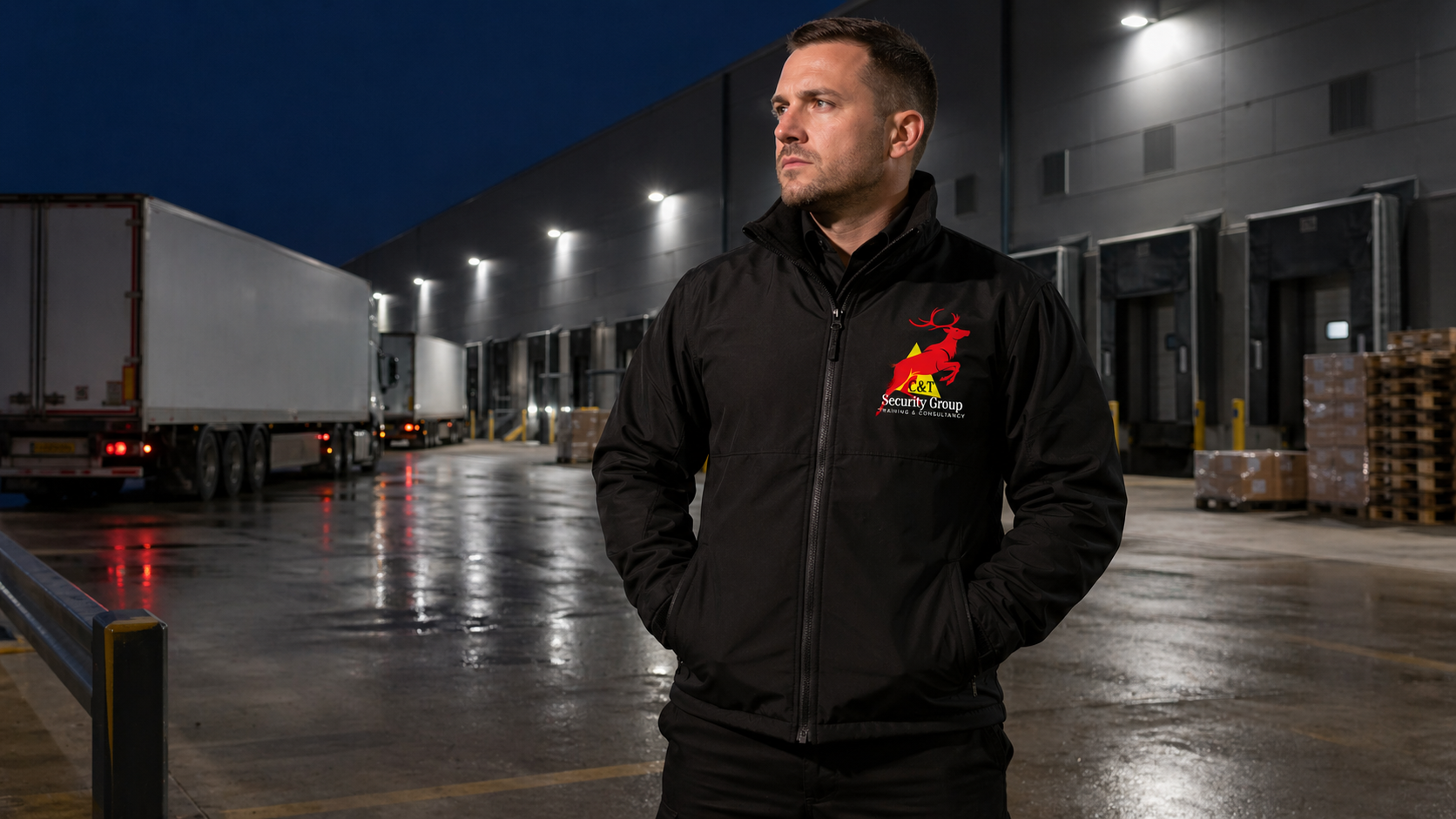 Security officer protecting a loading bay in a pharmaceutical plant
