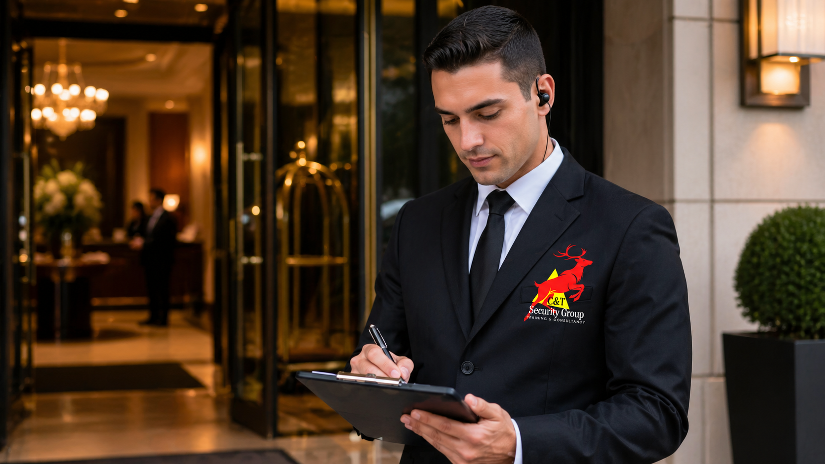 C&T Security Group residential concierge security officer assisting residents, visitors and property management