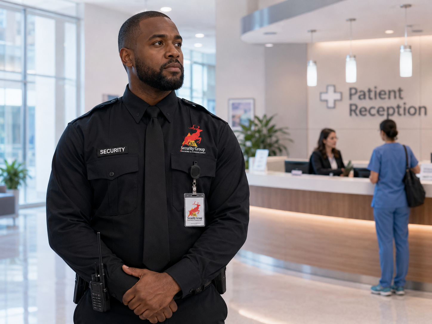 C&T Security Group security officers wearing protective vests patrolling an Irish hospital emergency department