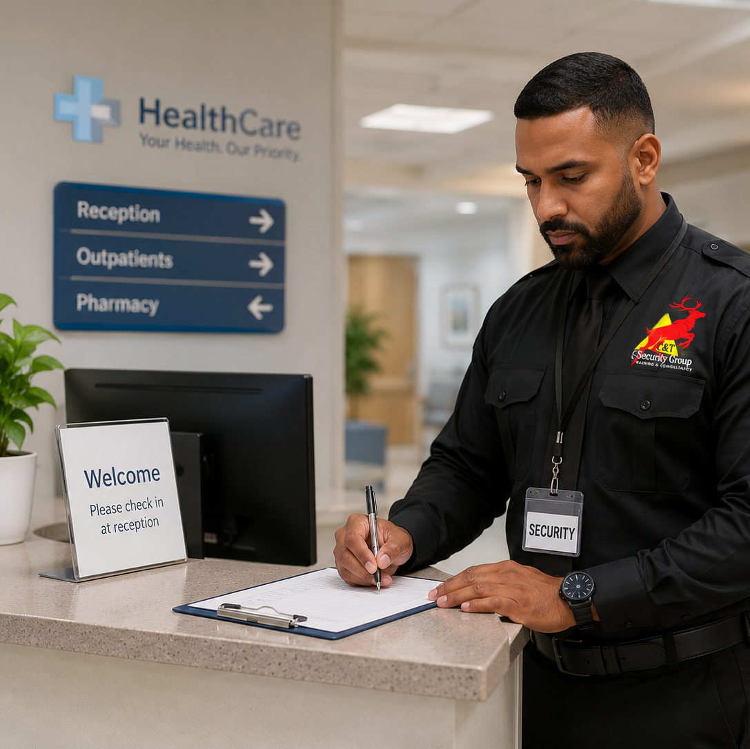 C&T Security Group healthcare security officer supporting clinical staff with calm incident response