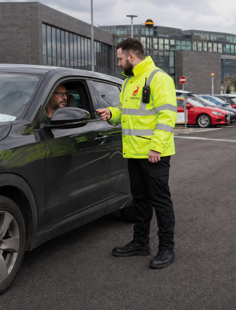 C&T Security Group officer managing vehicle access at a commercial car park entrance
