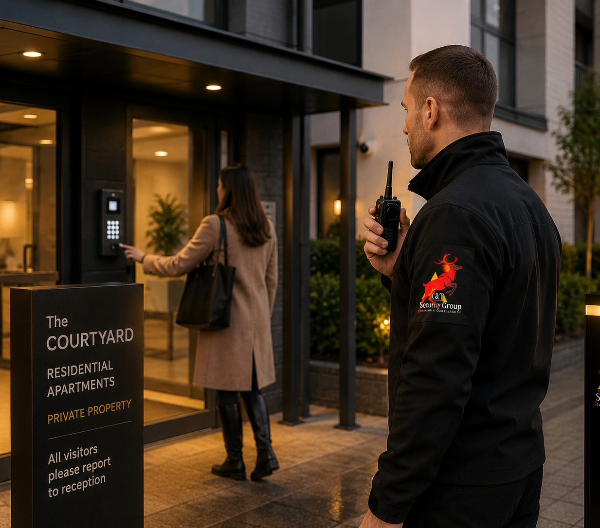 C&T Security Group residential security officer completing an incident report at a managed property