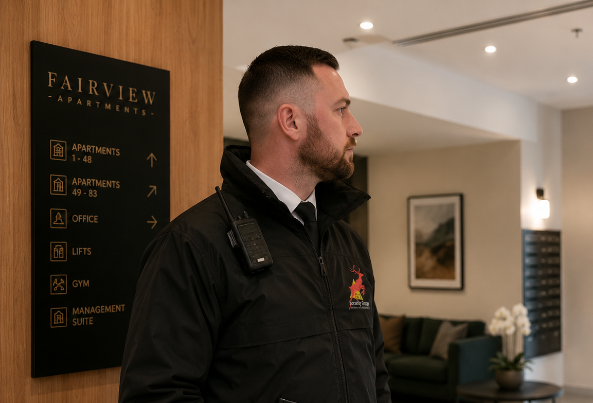 C&T Security Group residential security officer managing access control at a residential building entrance