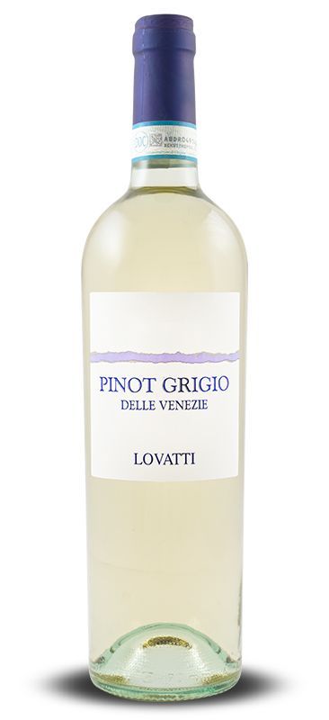 Een fles pinot grigio wijn met een blauwe dop op een witte achtergrond.