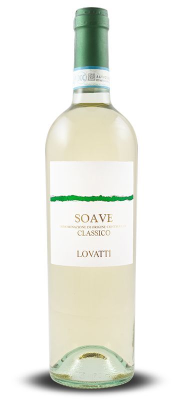 Een fles soave classico wijn met een groene dop