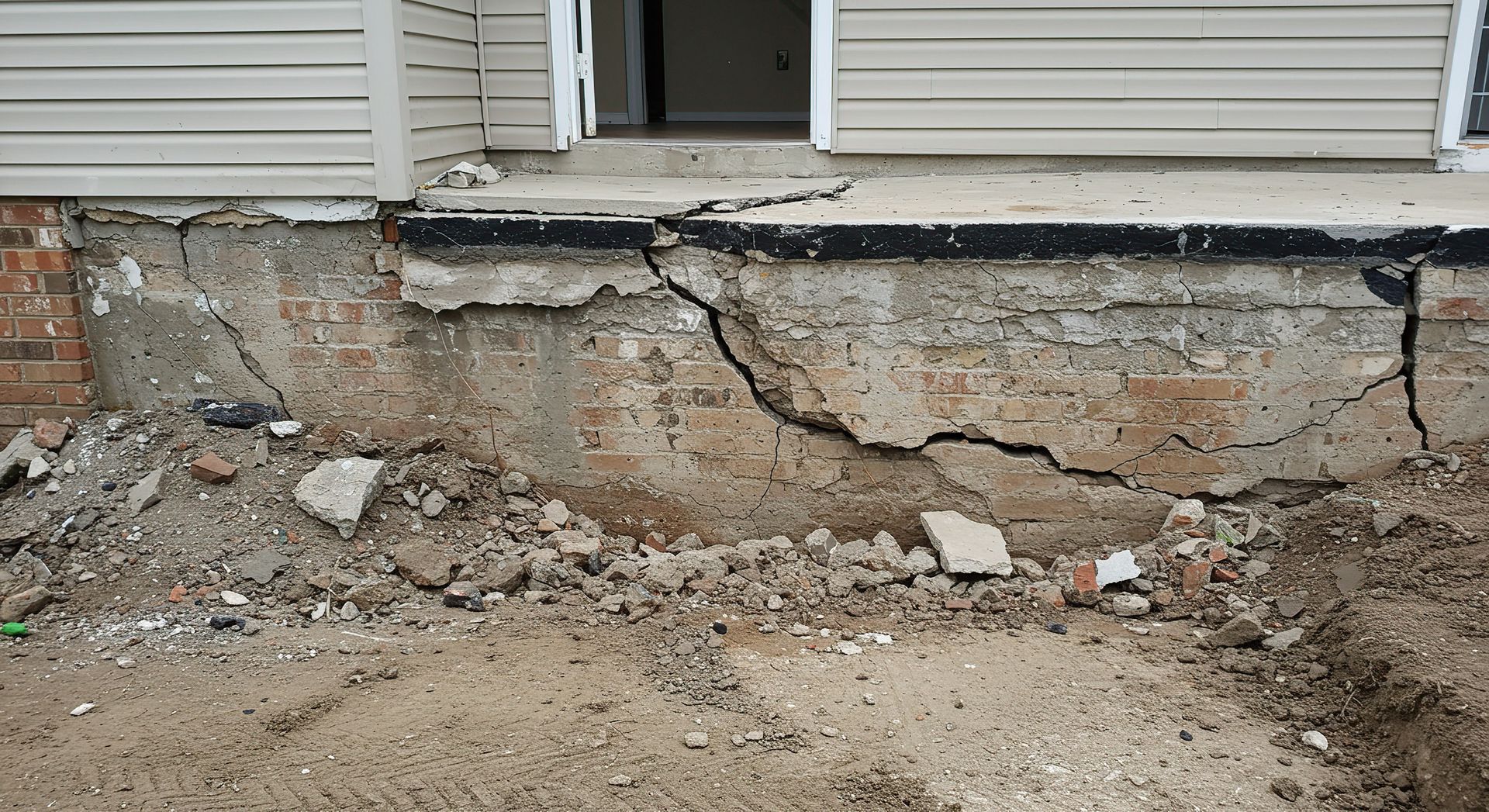 Cracked concrete foundation of a building with debris scattered around the base.
