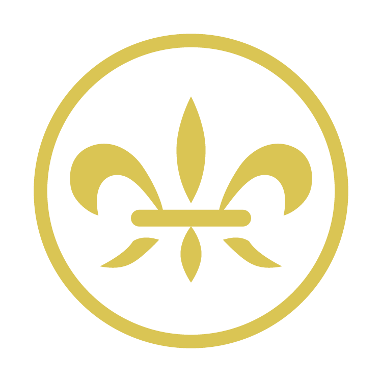 A gold fleur de lis in a circle on a white background