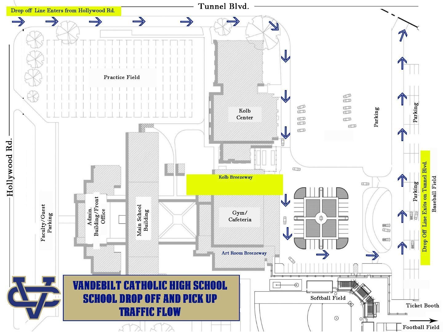 A map of a school with arrows pointing in different directions