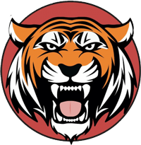 Karate - Tigerkopf mit offenem Maul in einem roten Kreis.