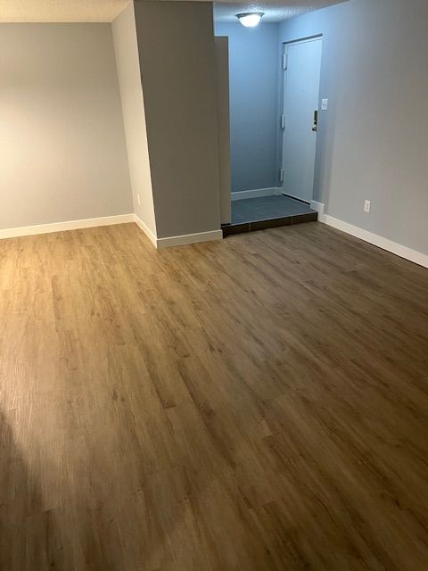 Empty room with wood flooring, gray walls, and a small entryway with steps.