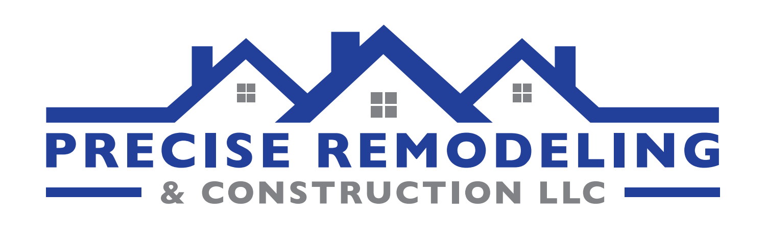 Precise Remodeling & Construction LLC logo with blue house rooftops and bold blue text