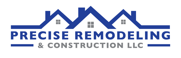 Precise Remodeling & Construction LLC logo with blue house rooftops and bold blue text