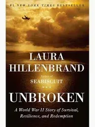 Book cover for Laura Hillenbrand’s Unbroken, with golden clouds and a small plane in the sky.