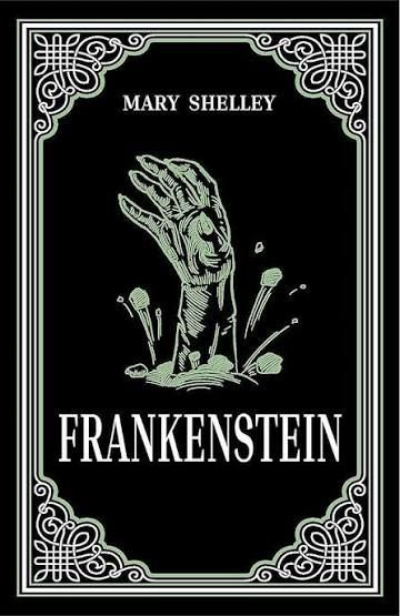 Black book cover of Mary Shelley’s Frankenstein with an ornate border and a skeletal hand illustration