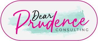 Logo for Dear Prudence Consulting: pink cursive "Prudence" over a teal watercolor wash, in a white oval outline.