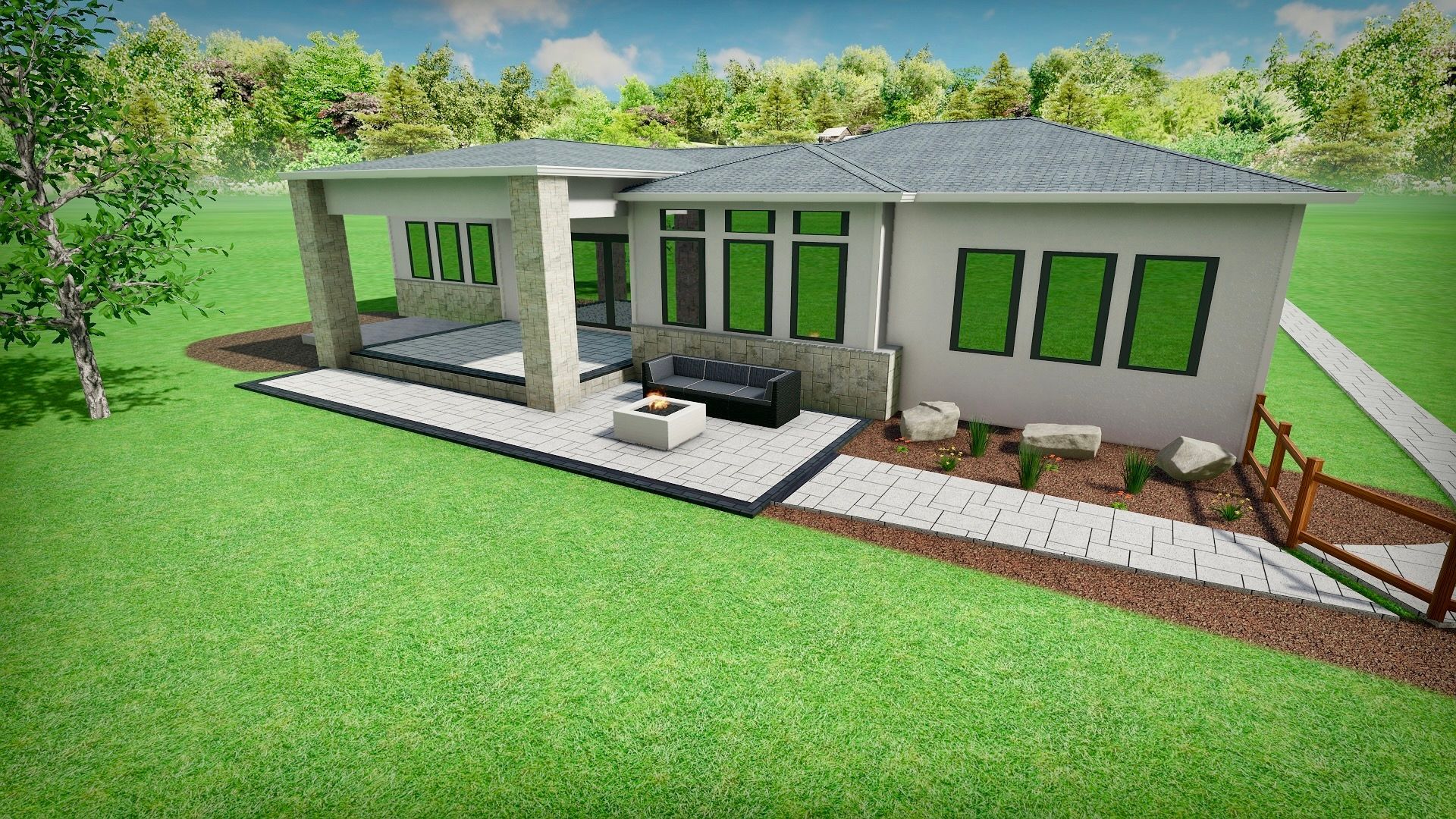 Modern single-story house with patio, green windows, stone pathway, grass lawn, and trees.